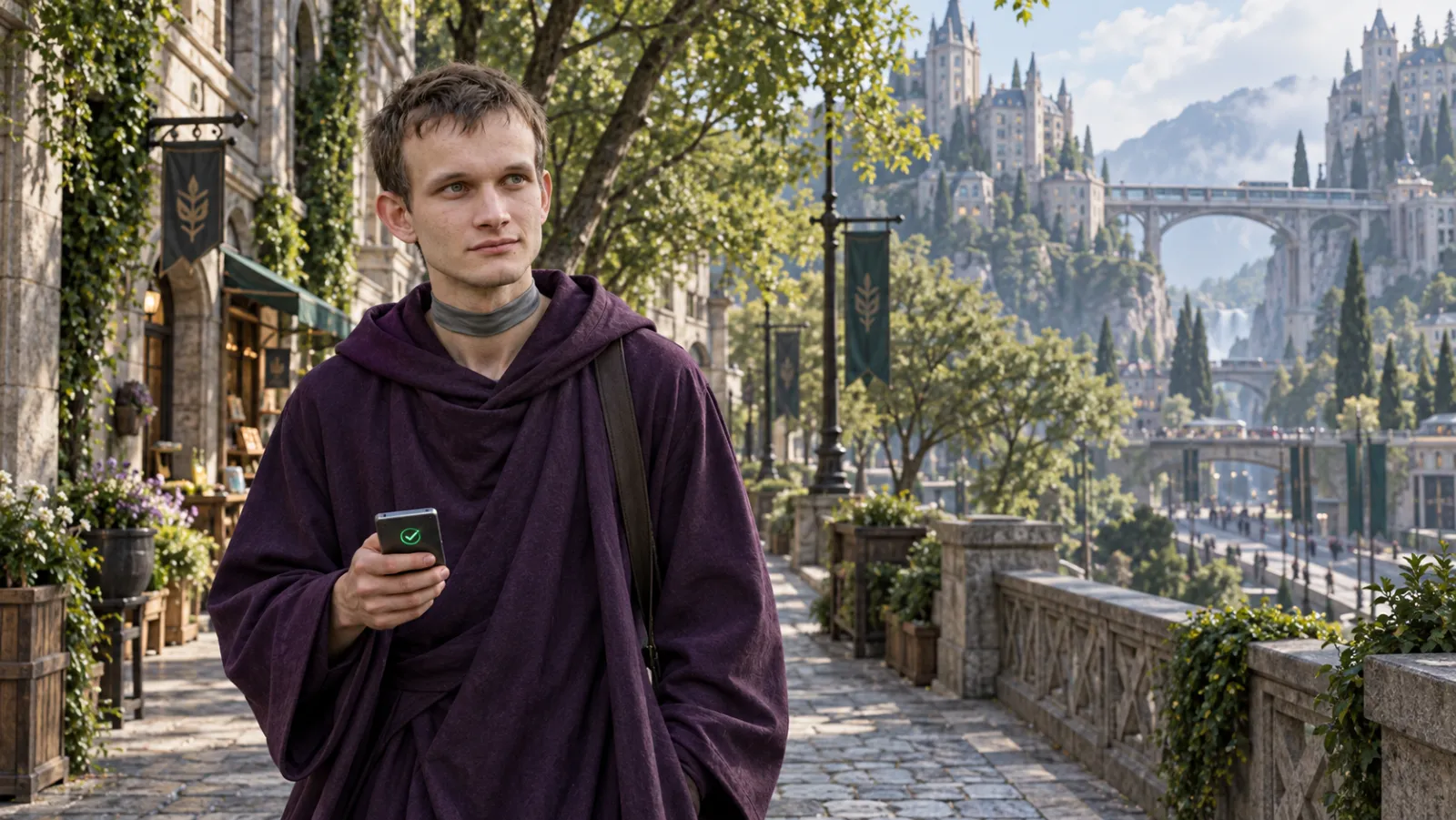 Gladias in a purple robe on a stone walkway in Meldan, with bridges and castle-like apartments behind him